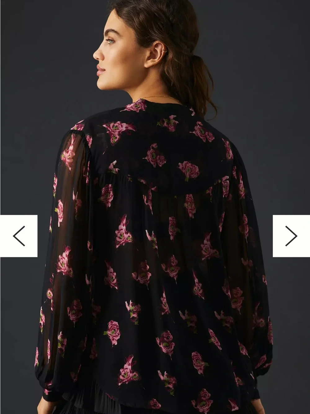 Anthropologie Black Floral Sheer Button-Front Blouse - Picture 4 of 11